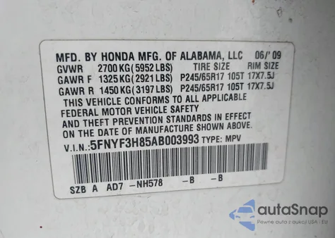2010 Honda Pilot Touring z USA, uszkodzony, nr VIN 5FNYF3H85AB003993